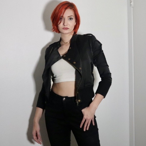 Gold Buttoned Silky Black Biker Jacket - Picture 9 of 16